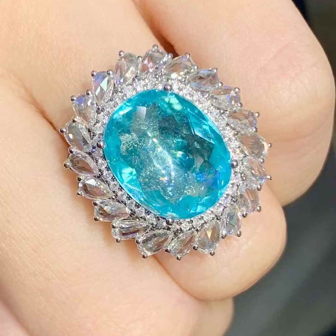 14k Gold 7.12 Ct Natural Paraiba Tourmaline & Diamond Ring - 4