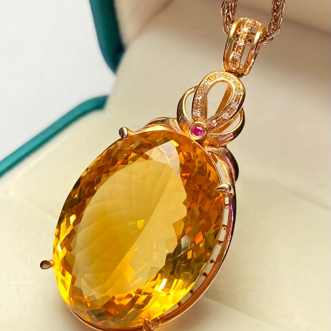 14k Gold 31.45 Ct Natural Citrine & Diamond Pendant( Without Chain ) - 3
