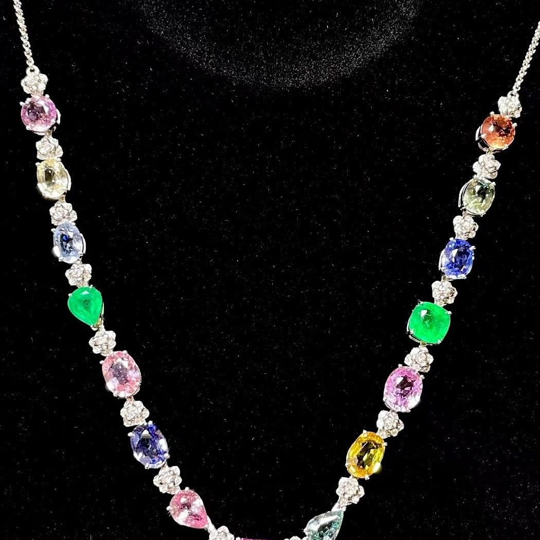 14k Gold 10.8 Ctw Natural Sapphire & Emerald Necklace: Ref:231105192 // gold content:14k gold // main gemstone:sapphire // shape:multiple // carat weight:9. 3ct // color:color // treatment:natural // // adjacent gemstone 2 : emerald // shape:multiple //