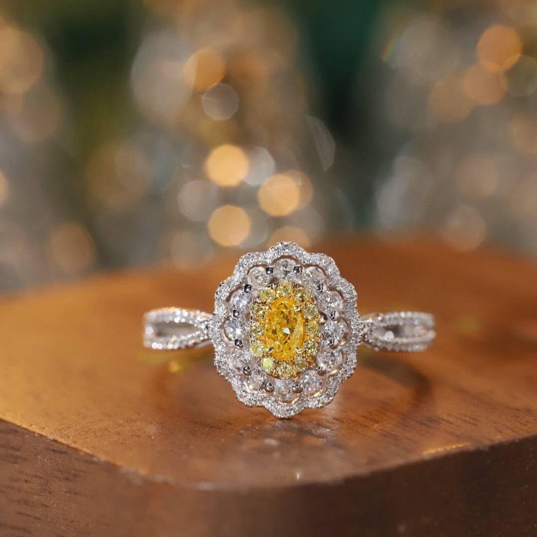 14k Gold 0.55 Ctw Natural Yellow Diamond & Diamond Ring: Ref:231105227 // gold content:14k gold // ring size:7. 25us // // main gemstone:yellow diamond // shape:oval // carat weight:0. 13ct // color:yellow // treatment:natural // // adjacent gemstone 2 :