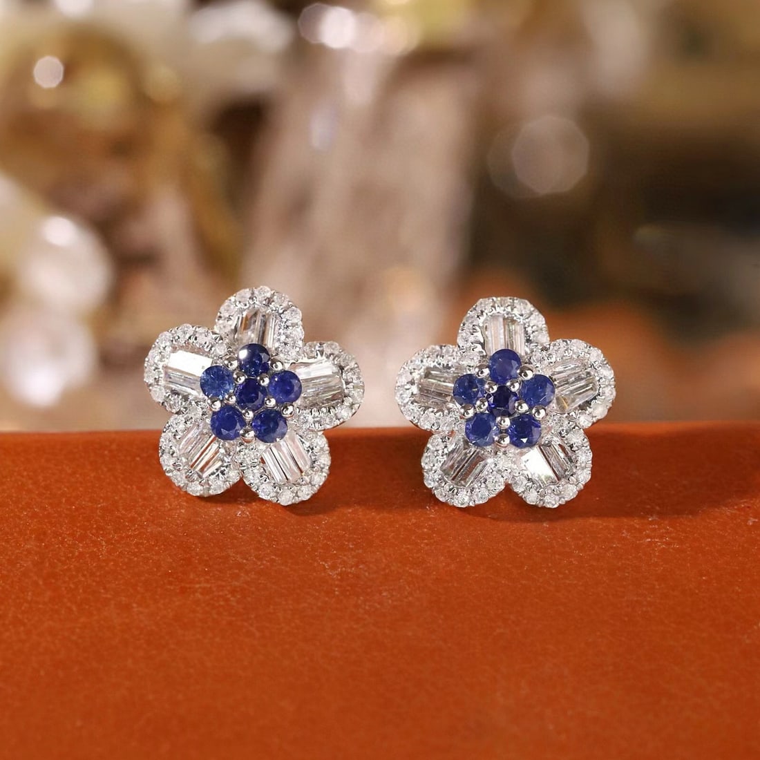14k Gold 0.92 Ctw Natural Sapphire & Diamond Earrings: Ref:231105260 // gold content:14k gold // main gemstone:sapphire // shape:round // carat weight:0. 46ct // color:blue // treatment:natural // cut grade:g // // adjacent gemstone 2 : diamond //