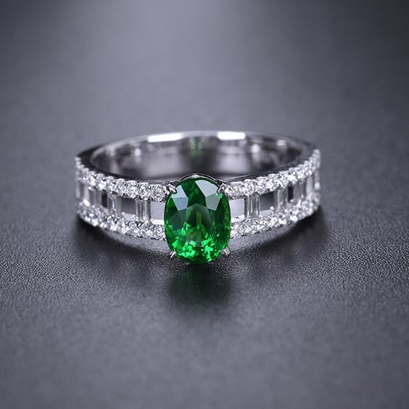 14k Gold 1.58 Ctw Vivid Green Natural Tsavorite & Diamond Ring: Ref:231106008 // gold content:14k gold // ring size:7. 25us // // main gemstone:tsavorite // shape:oval // carat weight:1. 2ct // color:vivid green // treatment:natural // // adjacent gemstone 2 :
