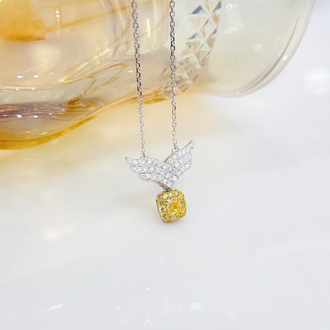 14k Gold 0.38 Ctw Natural Yellow Diamond & Diamond Necklace: Ref:231106064 // gold content:14k gold // main gemstone:yellow diamond // shape:cushion // carat weight:0. 17ct // color:yellow // treatment:natural // // adjacent gemstone 2 : diamond // shape:round