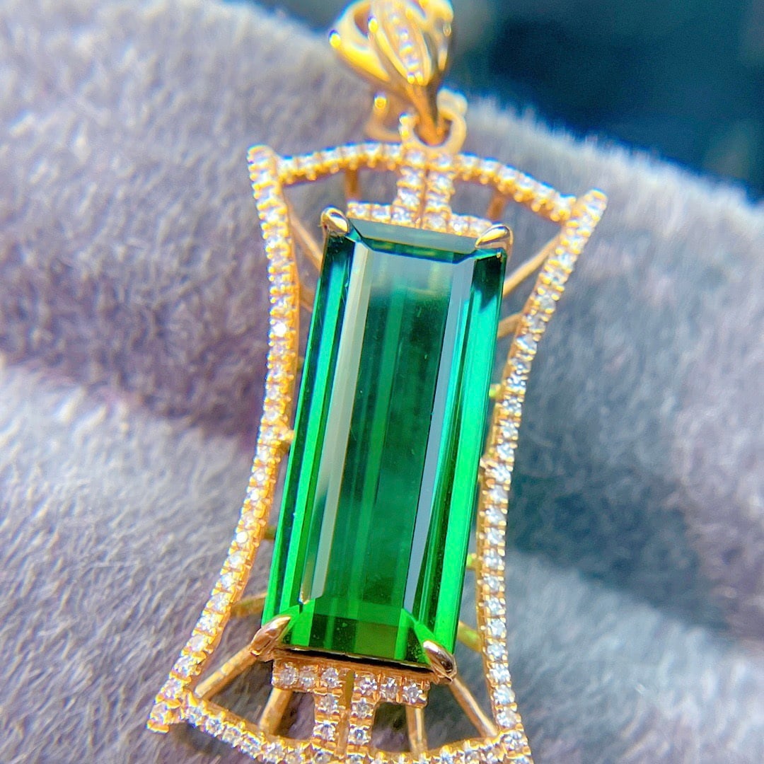 14k Gold 6.6 Ct Natural Tourmaline & Diamond Pendant( Without Chain ) - 2