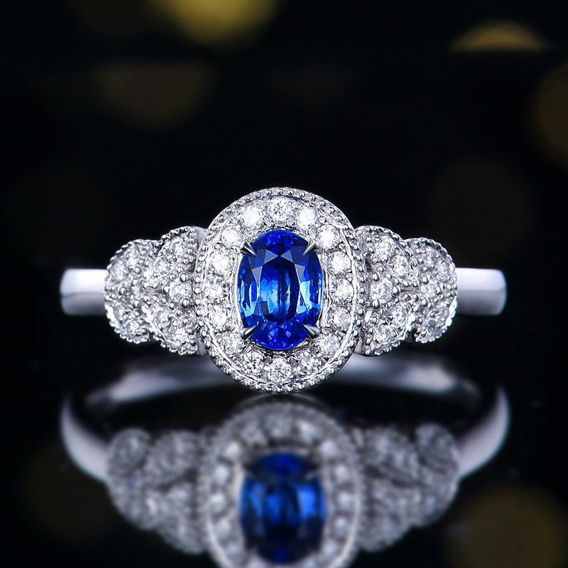 14k Gold 0.59 Ctw Natural Sapphire & Diamond Ring: Ref:231106103 // gold content:14k gold // ring size:7. 25us // // main gemstone:sapphire // shape:oval // carat weight:0. 43ct // color:blue // treatment:natural // // adjacent gemstone 2 : diamond