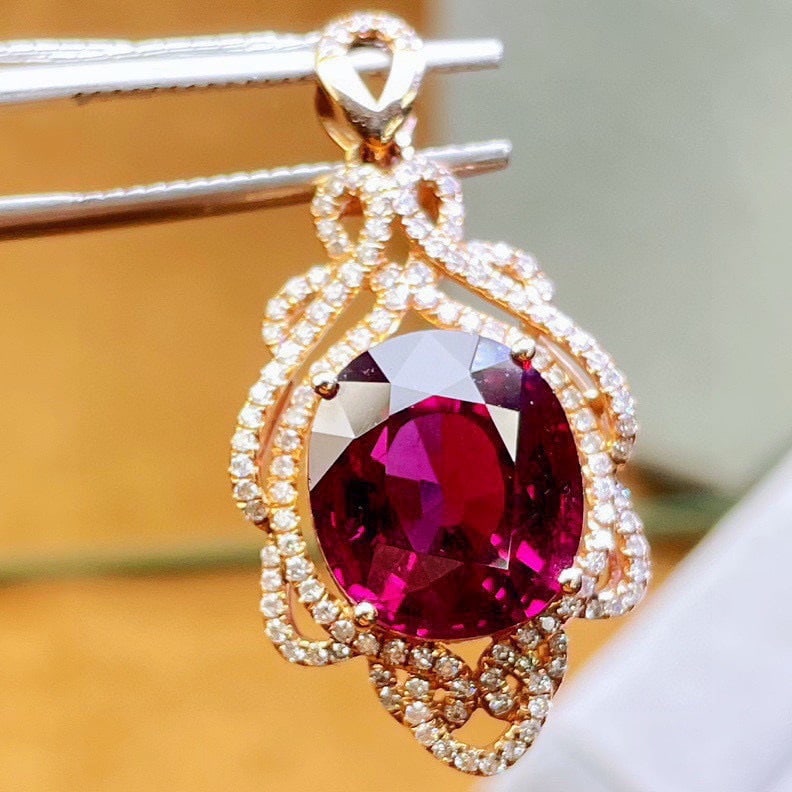 14k Gold 8.5 Ct Natural Tourmaline & Diamond Pendant( Without Chain ) - 3