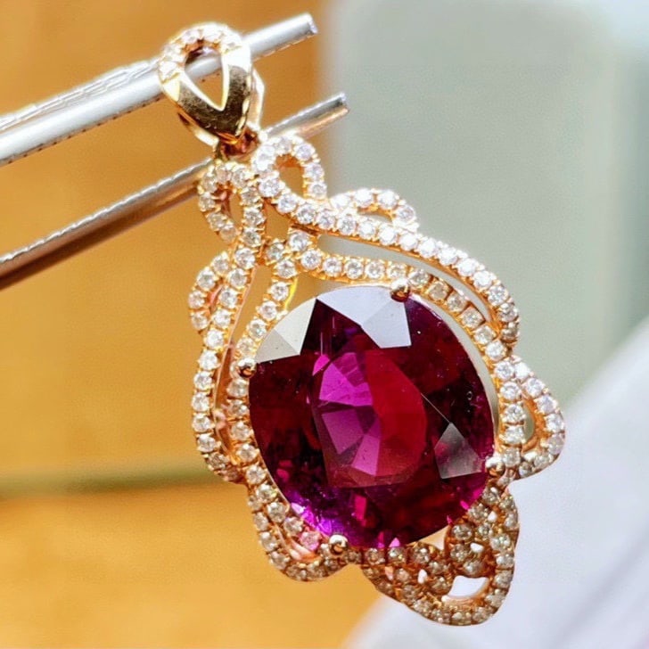 14k Gold 8.5 Ct Natural Tourmaline & Diamond Pendant( Without Chain ) - 6