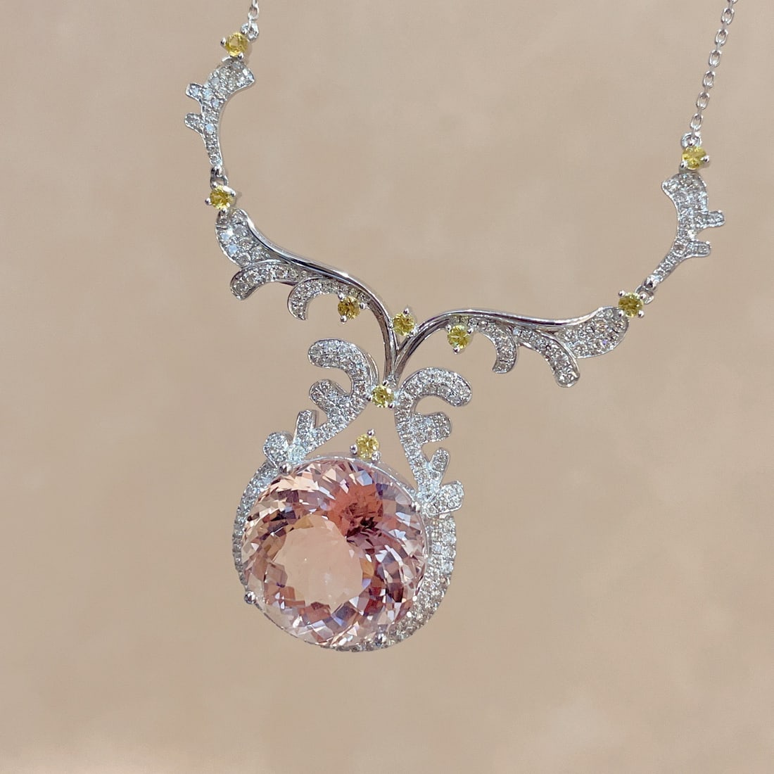 14k Gold 17.39 Ctw Natural Morganite & Diamond Necklace - 2