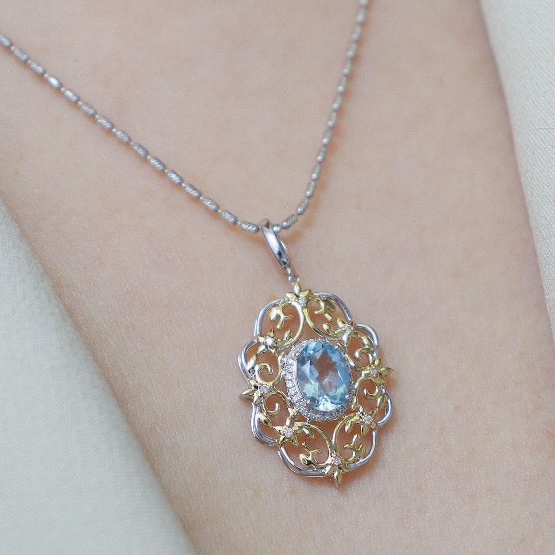 14k Gold 1 Ct Natural Aquamarine & Diamond Pendant( Without Chain ) - 2