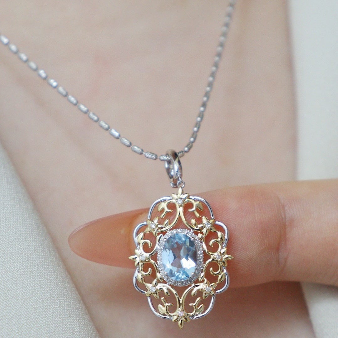 14k Gold 1 Ct Natural Aquamarine & Diamond Pendant( Without Chain ) - 3