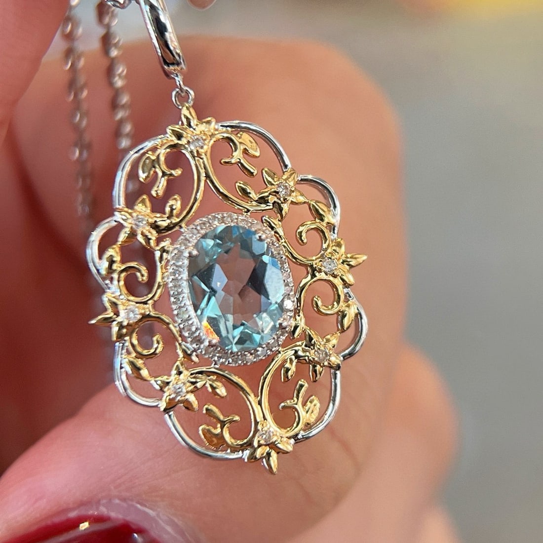 14k Gold 1 Ct Natural Aquamarine & Diamond Pendant( Without Chain ) - 4