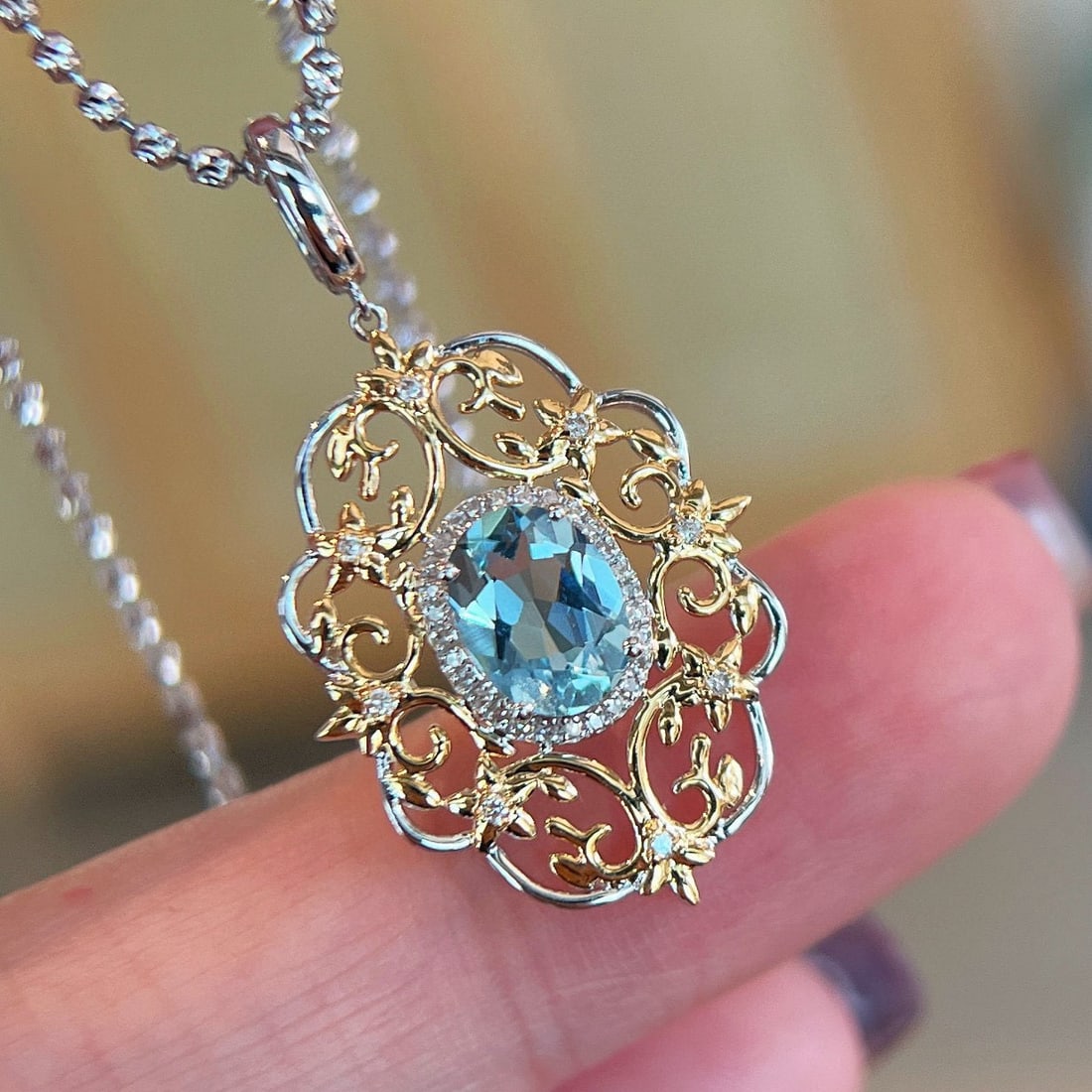 14k Gold 1 Ct Natural Aquamarine & Diamond Pendant( Without Chain ) - 5
