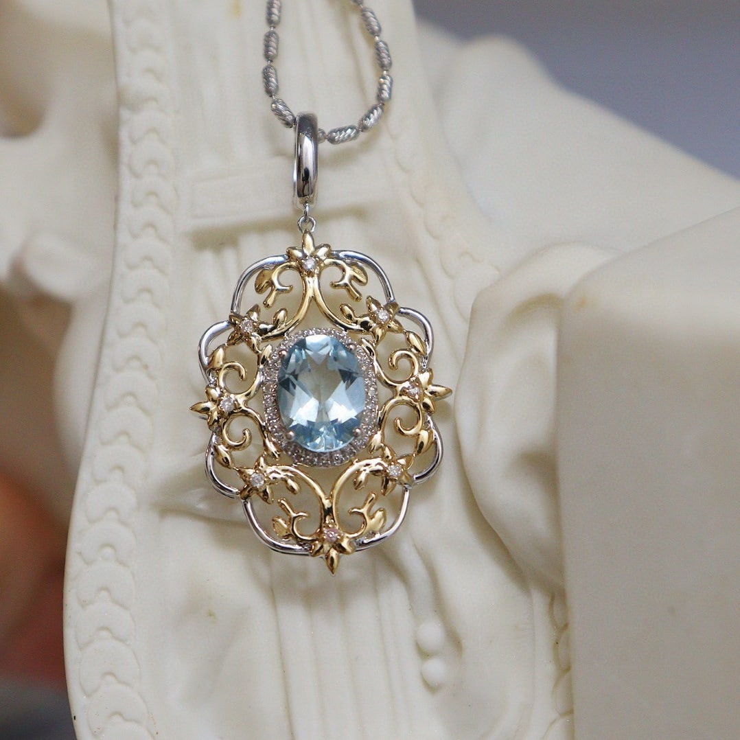 14k Gold 1 Ct Natural Aquamarine & Diamond Pendant( Without Chain ) - 6
