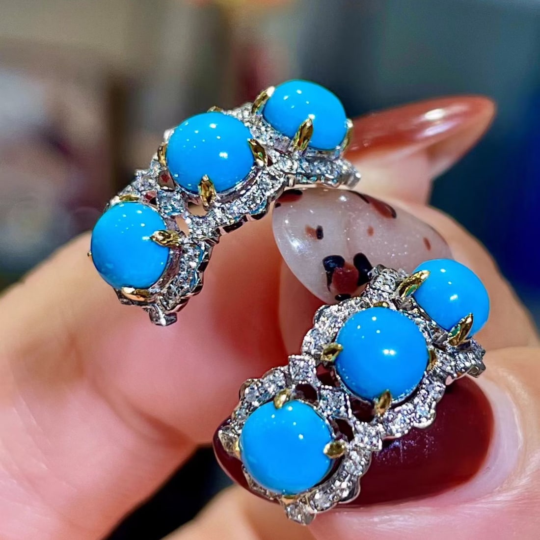 14k Gold 3.54 Ctw Natural Blue Turquoise & Diamond Earrings - 4
