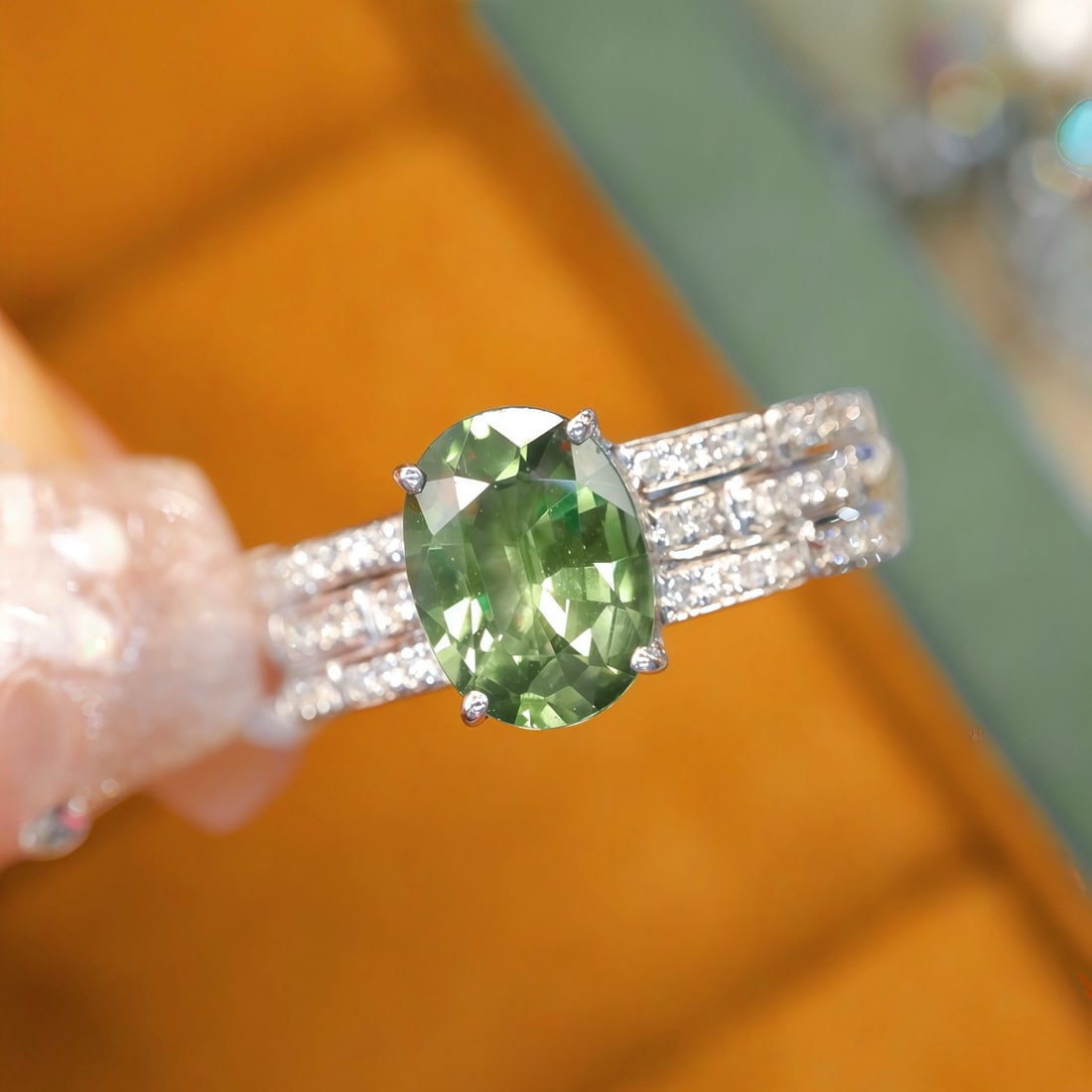 14k Gold 1.59 Ctw Natural Sapphire & Diamond Ring: Ref:231106173 // gold content:14k gold // ring size:7. 25us // // main gemstone:sapphire // shape:oval // carat weight:1. 46ct // color:green // treatment:natural // // adjacent gemstone 2 : diamond
