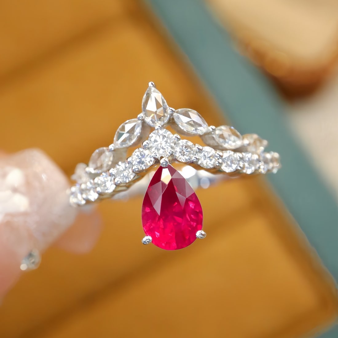 14k Gold 1.64 Ctw Natural Ruby & Diamond Ring: Ref:231106214 // gold content:14k gold // ring size:7. 25us // // main gemstone:ruby // shape:pear // carat weight:1. 05ct // color:red // treatment:natural // // adjacent gemstone 2 : diamond // numb