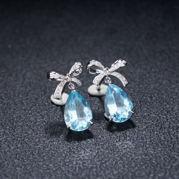 14k Gold 3.58 Ct Natural Aquamarine & Diamond Earrings - 2
