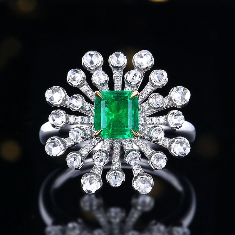 14k Gold 1.76 Ctw Vivid Green Natural Emerald & Diamond Ring: Ref:231106244 // gold content:14k gold // ring size:7. 25us // // main gemstone:emerald // shape:octagonal // carat weight:1. 14ct // color:vivid green // treatment:natural // // adjacent gemstone 2 :