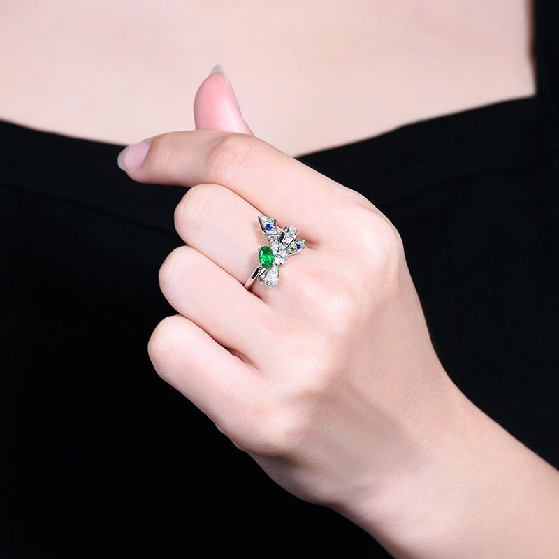 14k Gold 0.6 Ctw Vivid Green Natural Emerald & Diamond Ring - 6