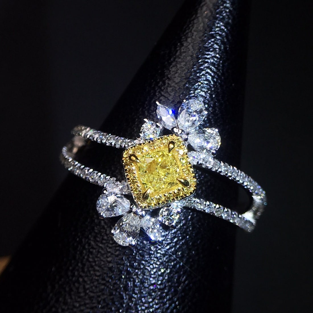 14k Gold 0.78 Ctw Natural Yellow Diamond & Diamond Ring: Ref:231106279 // gold content:14k gold // ring size:7. 25us // // main gemstone:yellow diamond // shape:cushion // carat weight:0. 21ct // color:yellow // treatment:natural // // adjacent gemstone 2 :