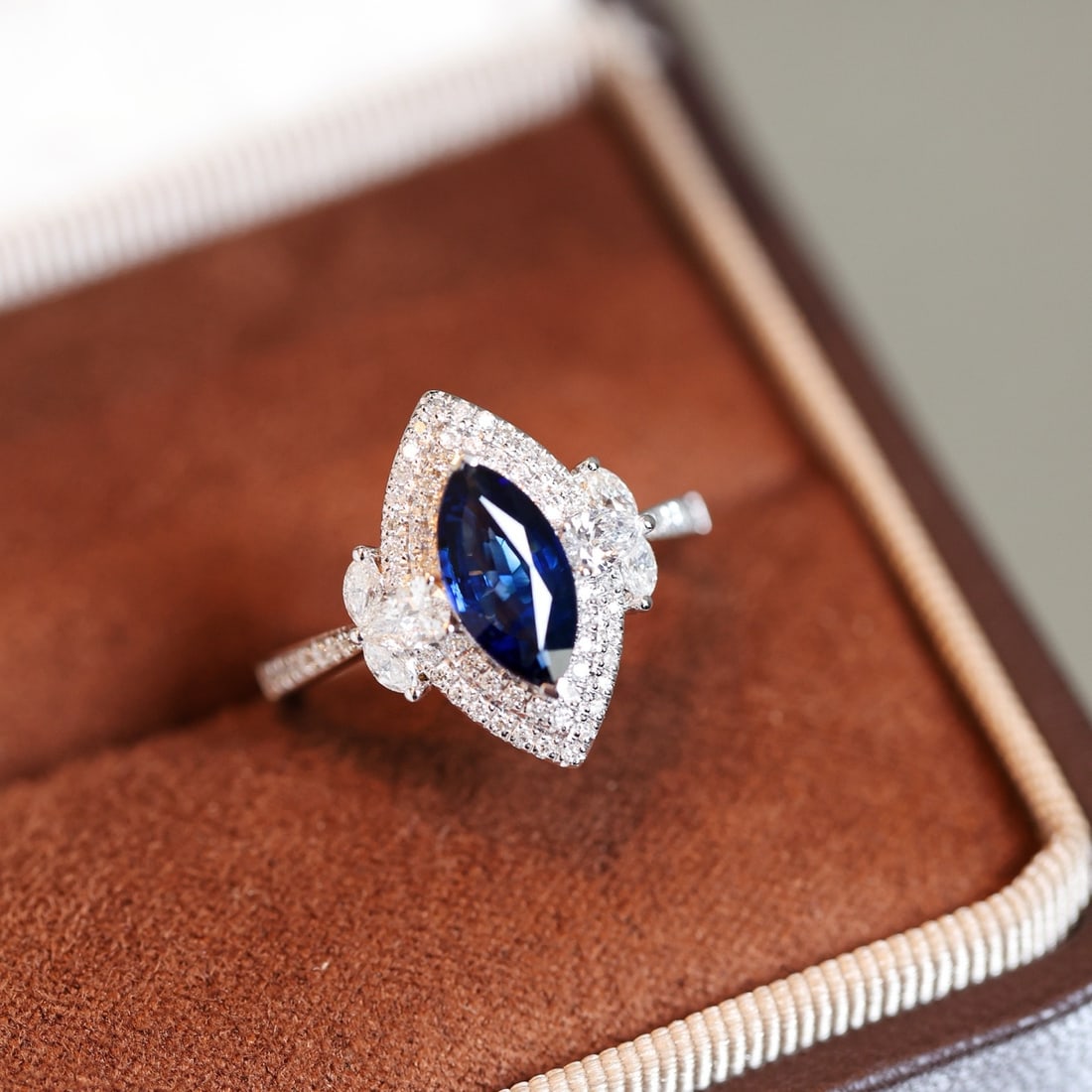 14k Gold 1.99 Ctw Natural Sapphire & Diamond Ring: Ref:231106317 // gold content:14k gold // ring size:7. 25us // // main gemstone:sapphire // shape:marquise // carat weight:1. 31ct // color:royal blue // treatment:natural // // adjacent gemstone 2 :