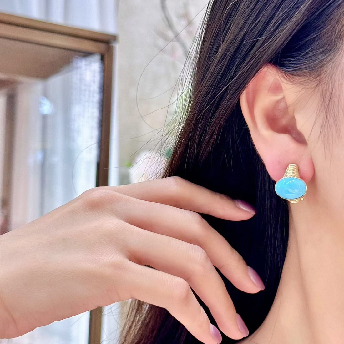14k Gold 10.42 Ct Natural Blue Turquoise Earrings - 4