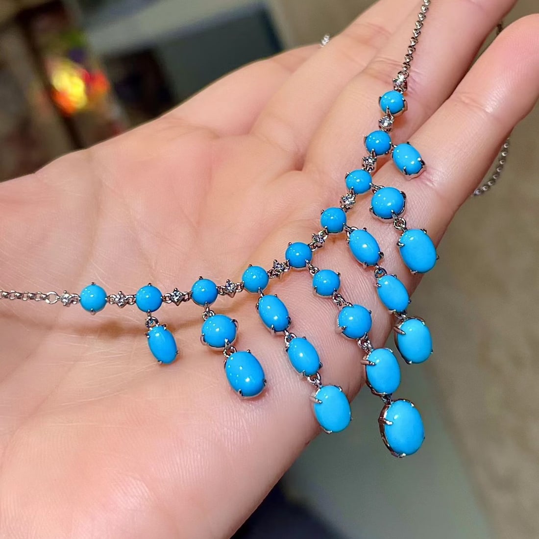 14k Gold 13.37 Ctw Natural Blue Turquoise & Diamond Necklace - 2