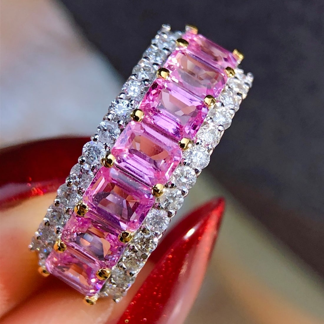 14k Gold 1.9 Ct Natural Padparadscha Sapphire & Diamond Ring: Ref:231106375 // gold content:14k gold // ring size:7. 25us // // main gemstone:padparadscha sapphire // shape:octagonal // carat weight:1. 9ct // color:orangish pink // treatment:natural // // adjace