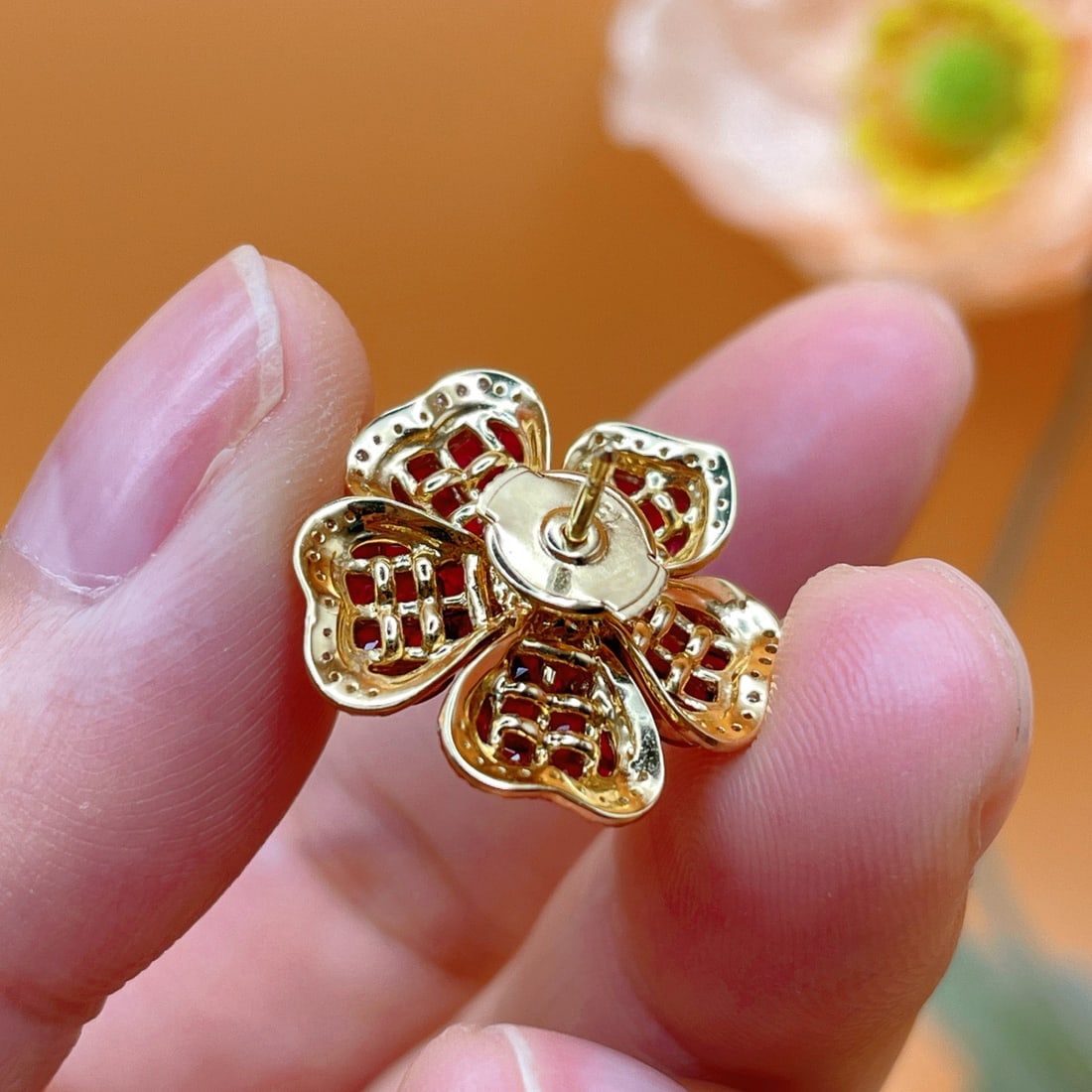 14k Gold 2.12 Ctw Natural Ruby & Diamond & Flowers Earrings - 5