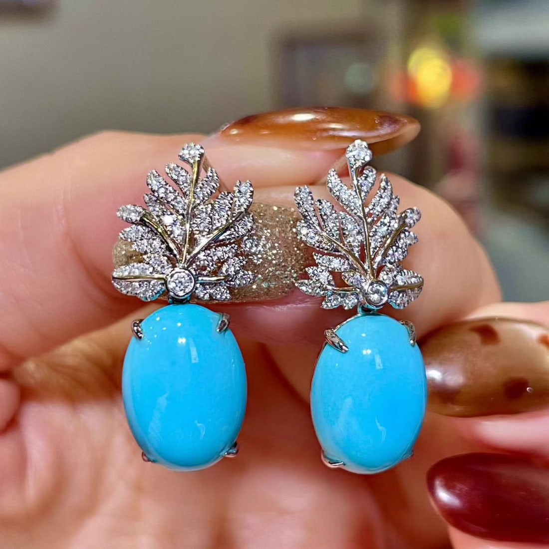 14k Gold 11.01 Ctw Natural Blue Turquoise & Diamond Earrings: Ref:231106403 // gold content:14k gold // main gemstone:blue turquoise // shape:oval // carat weight:10. 68ct // color:blue // treatment:natural // // adjacent gemstone 2 : diamond // shape:round //
