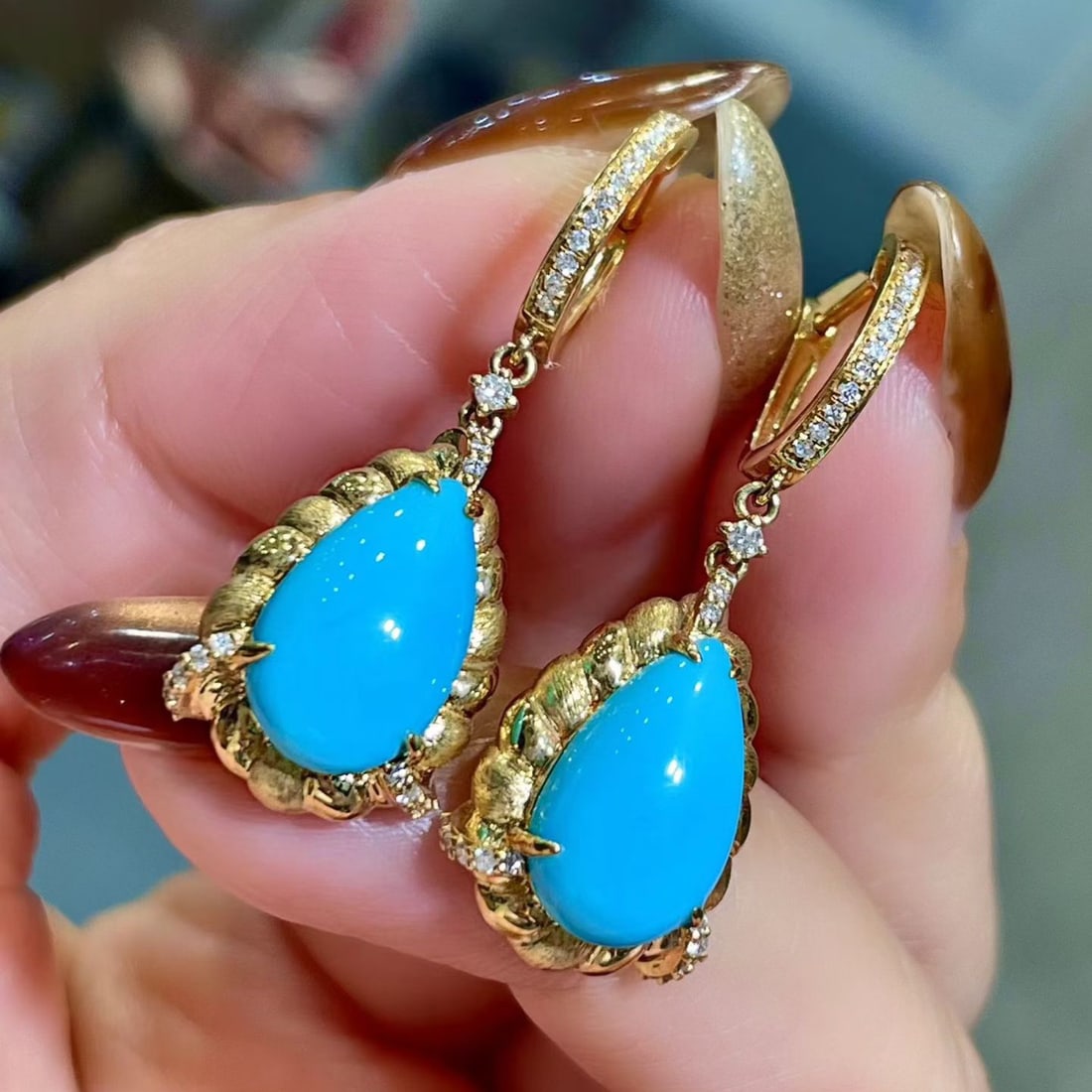 14k Gold 5.63 Ctw Natural Blue Turquoise & Diamond Earrings - 2