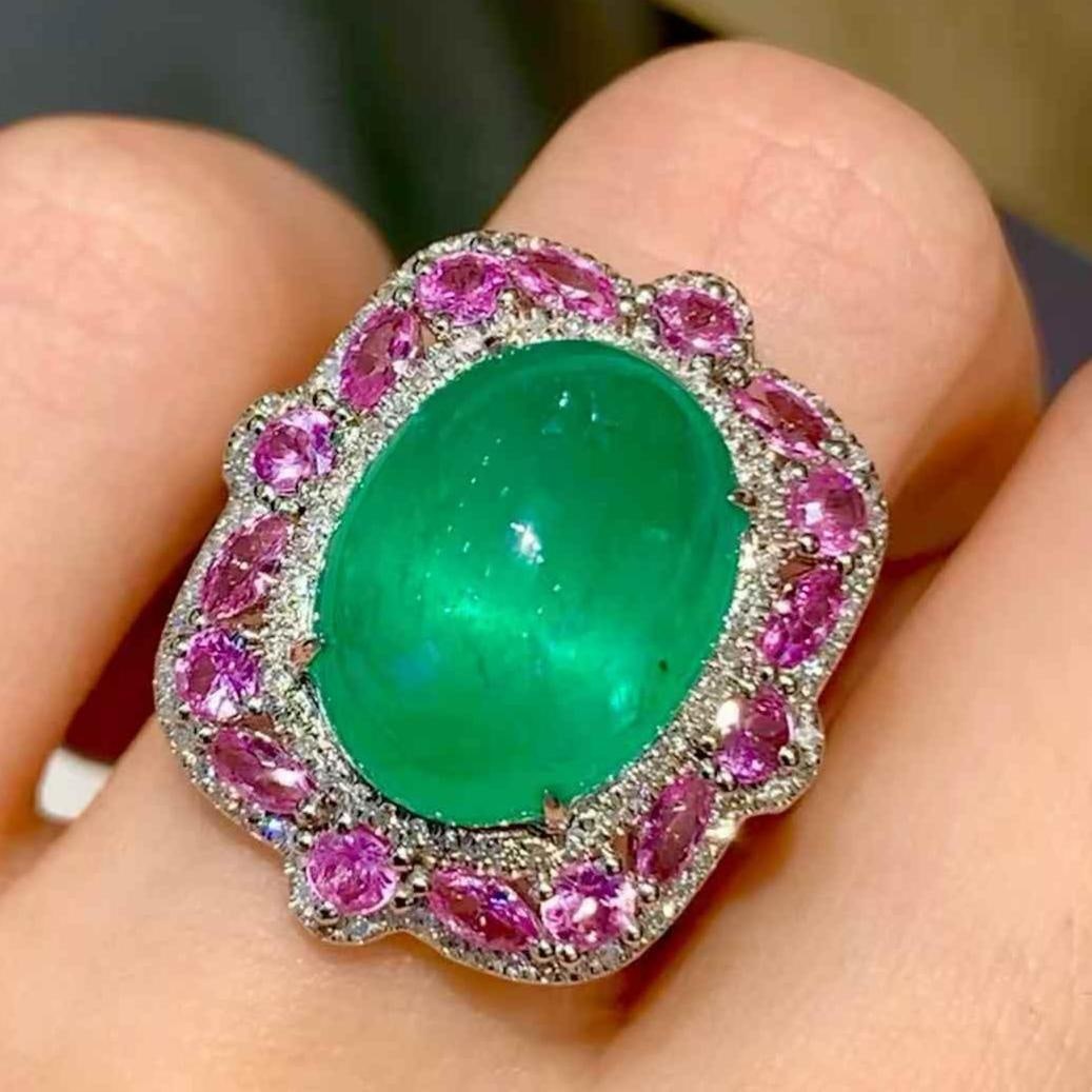 14k Gold 7.88 Ct Natural Emerald & Diamond Ring: Ref:231107002 // gold content:14k gold // ring size:7. 25us // // main gemstone:emerald // shape:oval // carat weight:7. 88ct // color:green // treatment:natural // // adjacent gemstone 2 : diamond