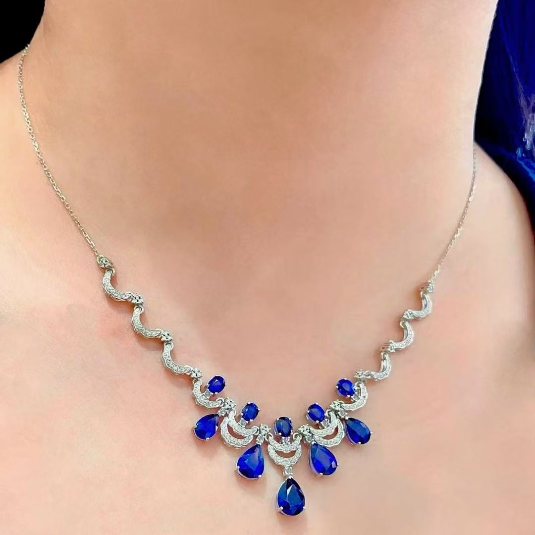 14k Gold 8.05 Ctw Natural Sapphire & Diamond Necklace - 6
