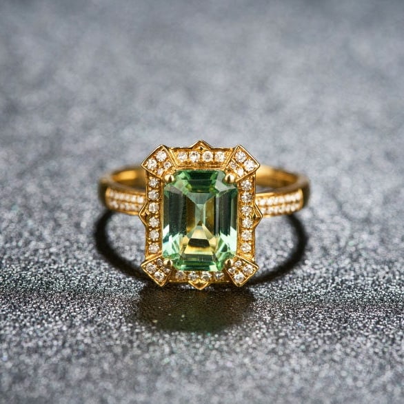 14k Gold 2.4 Ctw Natural Tourmaline & Diamond Ring: Ref:231107048 // gold content:14k gold // ring size:7. 25us // // main gemstone:tourmaline // shape:octagonal // carat weight:2. 0ct // color:green // treatment:natural // // adjacent gemstone 2 :