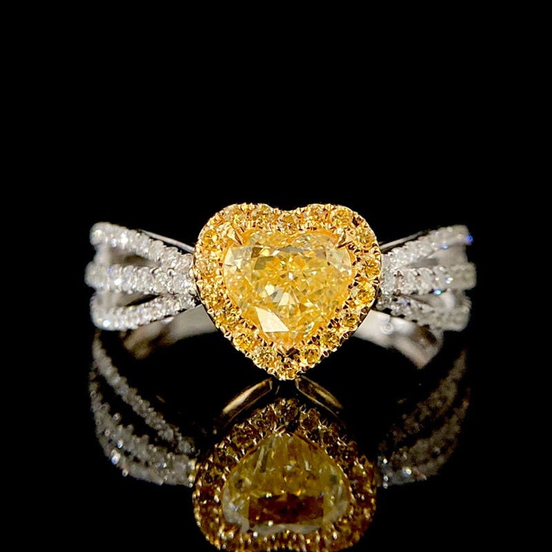 14k Gold 1.1 Ctw Natural Yellow Diamond & Diamond Ring: Ref:231107076 // gold content:14k gold // ring size:7. 25us // // main gemstone:yellow diamond // shape:heart // carat weight:0. 7ct // color:yellow // treatment:natural // // adjacent gemstone 2 :
