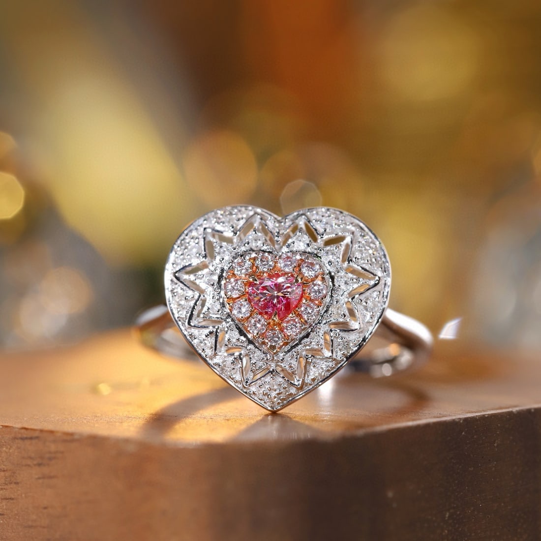 14k Gold 0.50 Ctw Natural Pink Diamond & Diamond Ring: Ref:231107084 // gold content:14k gold // ring size:7. 25us // // main gemstone:pink diamond // shape:heart // carat weight:0. 18ct // color:pink // treatment:natural // // adjacent gemstone 2 : diamo