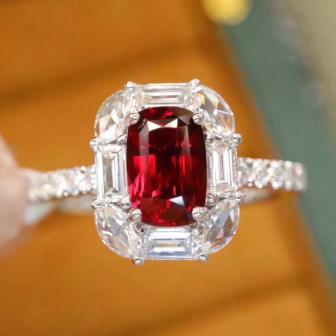 14k Gold 1.52 Ctw Natural Ruby & Diamond Ring: Ref:231107112 // gold content:14k gold // ring size:7. 25us // // main gemstone:ruby // shape:cushion // carat weight:1. 01ct // color:pigeonblood red // treatment:natural // // adjacent gemstone 2 :