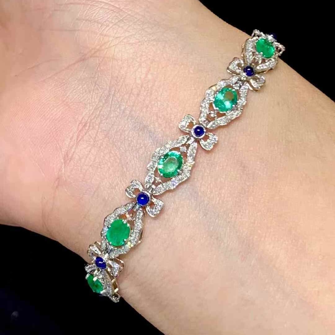 14k Gold 3 Ct Natural Emerald & Diamond & Sapphire Bracelet - 3