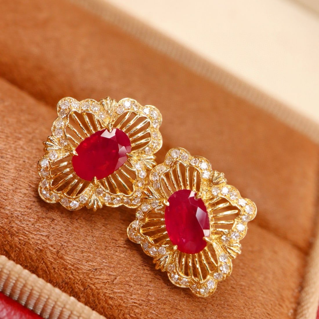 14k Gold 1.44 Ctw Natural Ruby & Diamond Earrings - 4