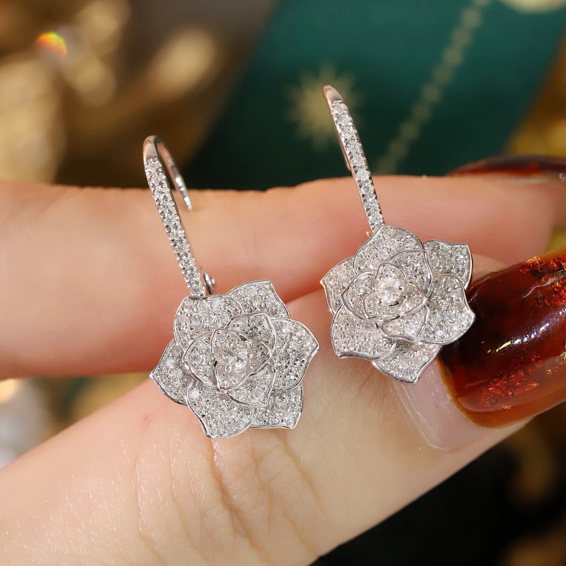 14k Gold 0.8 Ct Natural H Diamond & Flowers Earrings - 4