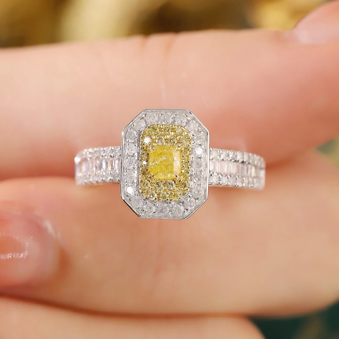 14k Gold 0.87 Ctw Natural Yellow Diamond & Diamond Ring: Ref:231107164 // gold content:14k gold // ring size:7. 25us // // main gemstone:yellow diamond // shape:cushion // carat weight:0. 22ct // color:yellow // treatment:natural // // adjacent gemstone 2