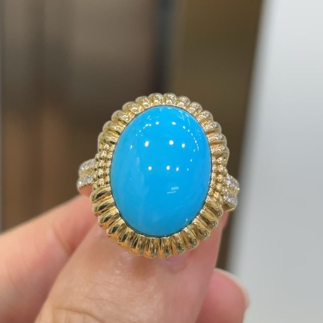 14k Gold 5.95 Ctw Natural Blue Turquoise & Diamond Ring: Ref:231107169 // gold content:14k gold // ring size:7. 25us // // main gemstone:blue turquoise // shape:oval // carat weight:5. 75ct // color:blue // treatment:natural // // adjacent gemstone 2 :