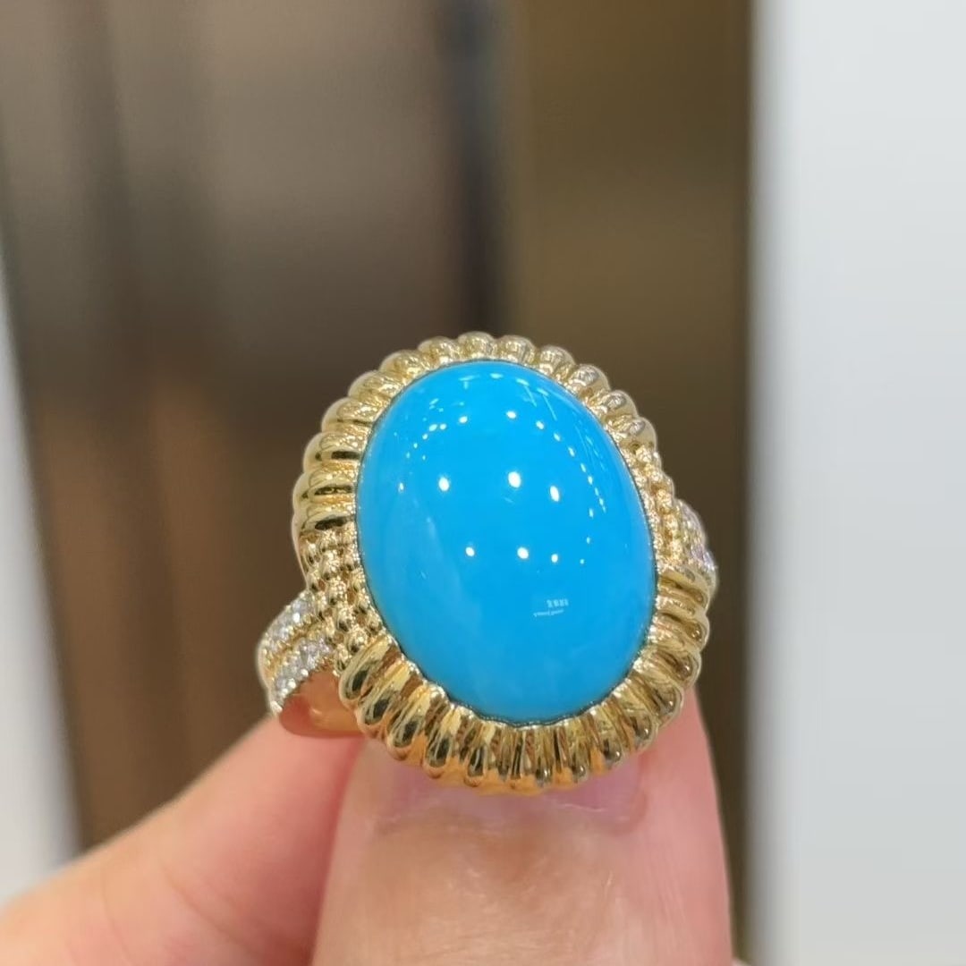 14k Gold 5.95 Ctw Natural Blue Turquoise & Diamond Ring - 2