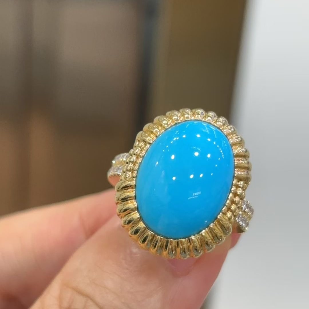 14k Gold 5.95 Ctw Natural Blue Turquoise & Diamond Ring - 3
