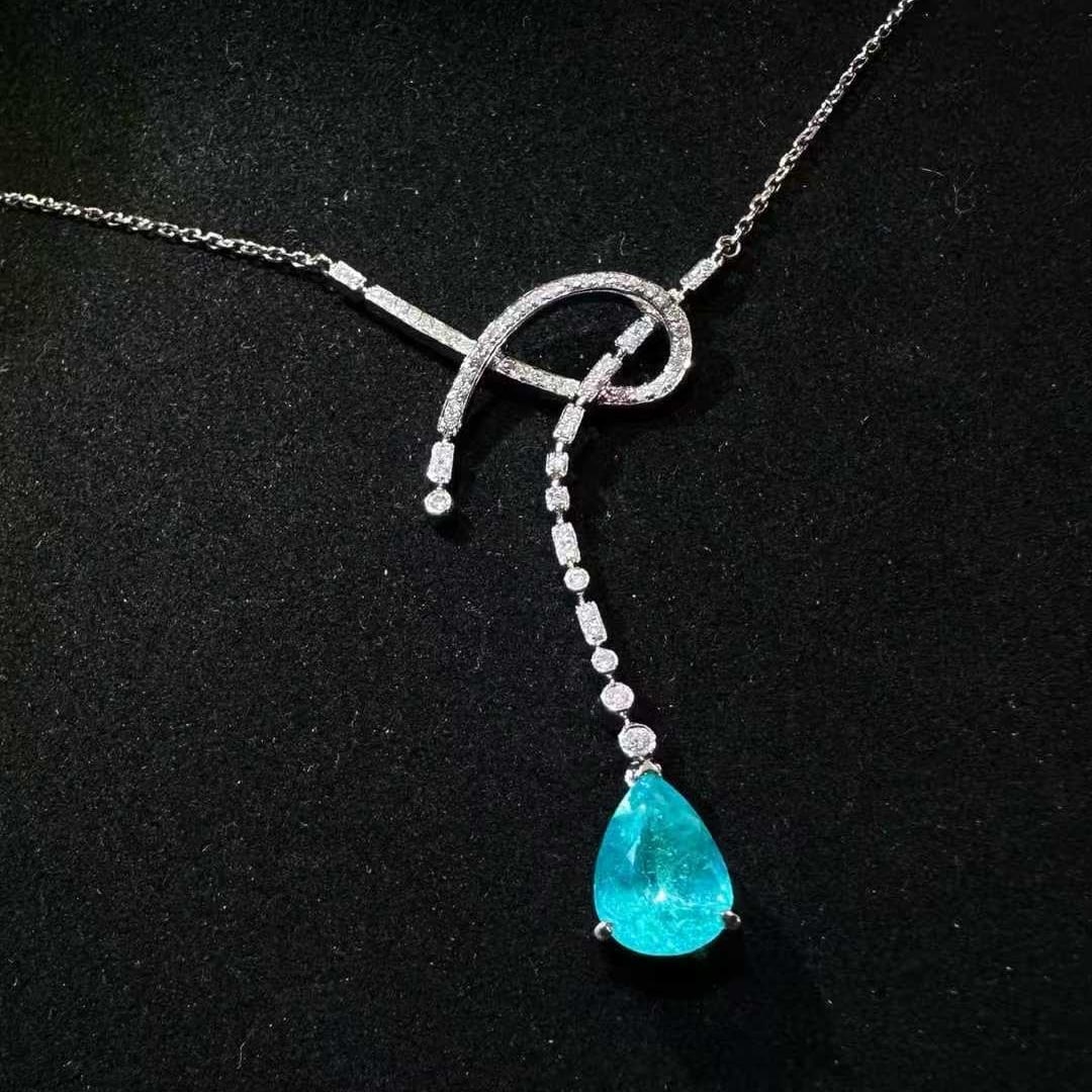 14k Gold 1.61 Ctw Natural Paraiba Tourmaline & Diamond Necklace - 2