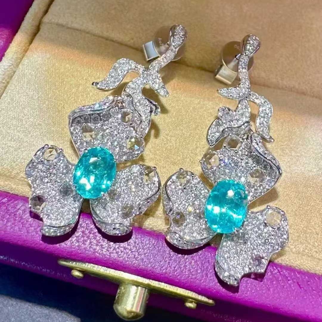 14k Gold 3.78 Ctw Natural Paraiba Tourmaline & Diamond Earrings - 2
