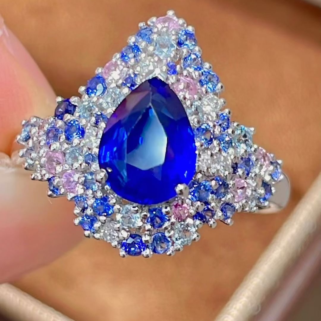 14k Gold 1.59 Ct Natural Sapphire & Diamond & Sapphire Ring - 2