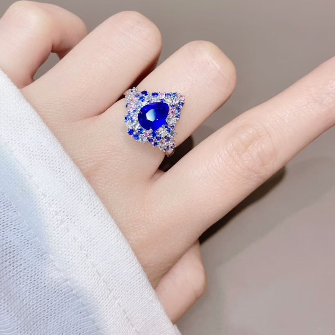 14k Gold 1.59 Ct Natural Sapphire & Diamond & Sapphire Ring - 5