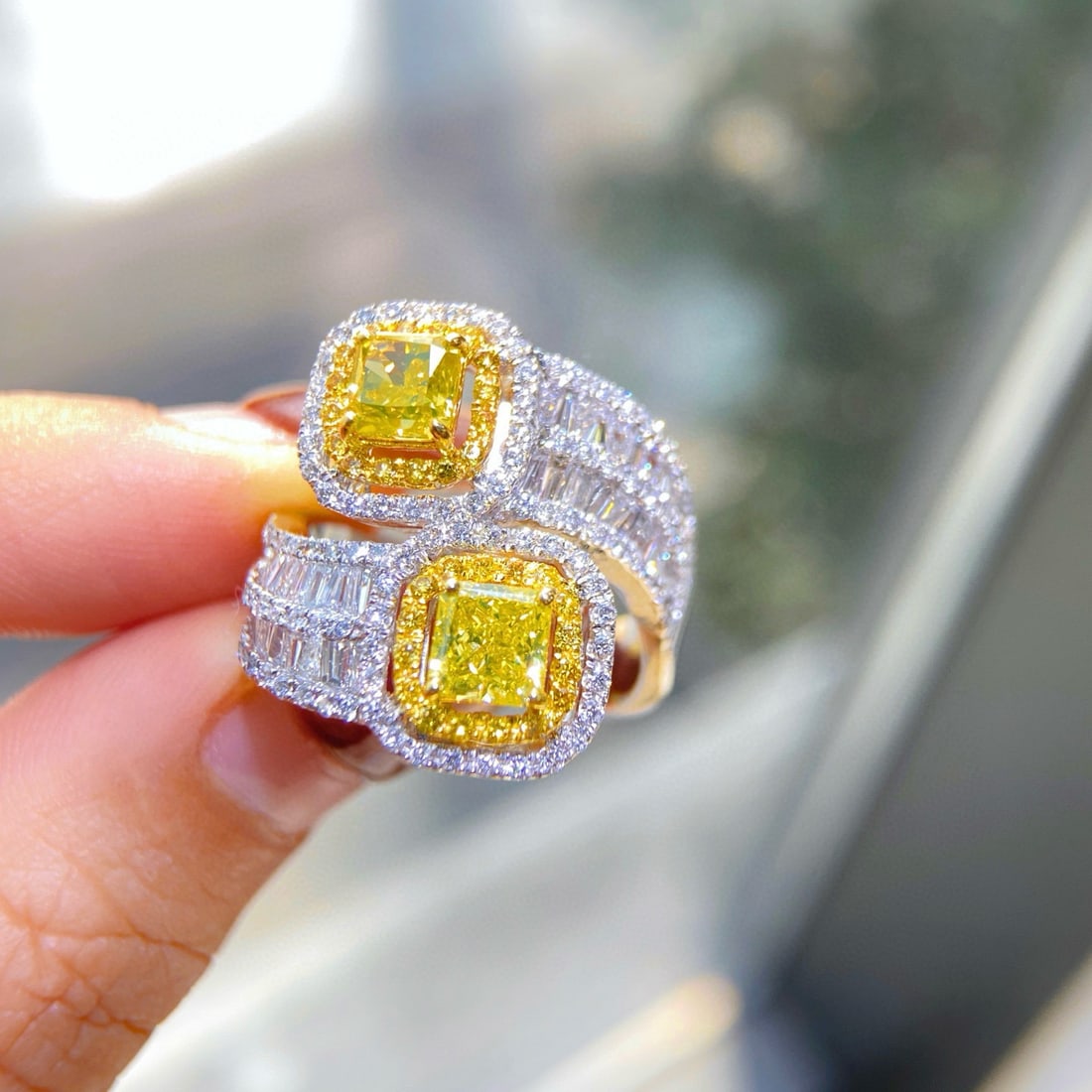 14k Gold 5.53 Ctw Natural Yellow Diamond & Diamond Ring: Ref:231107204 // gold content:14k gold // ring size:7. 25us // // main gemstone:yellow diamond // shape:radiant // carat weight:1. 62ct // color:yellow // treatment:natural // // adjacent gemstone 2