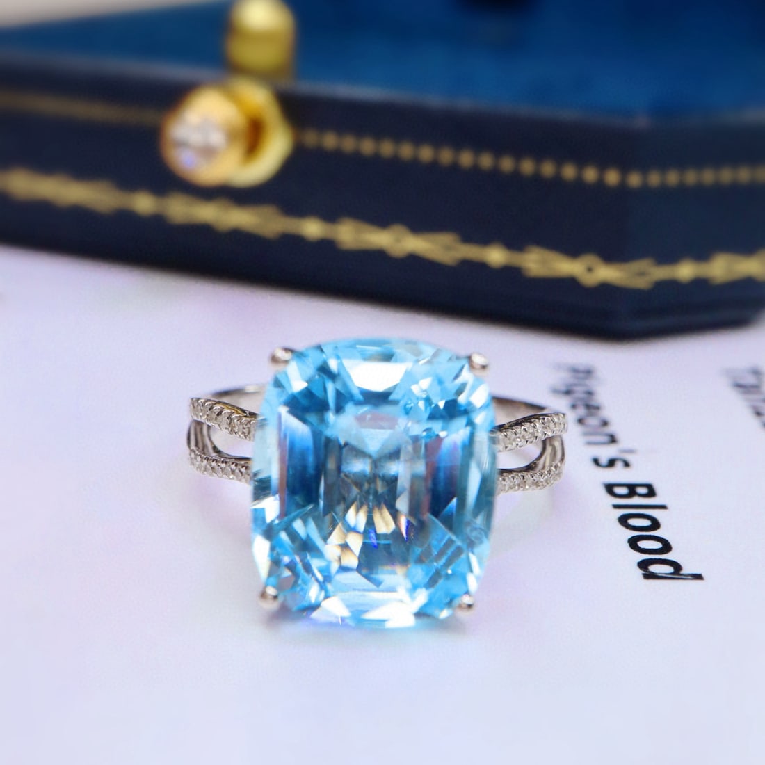 14k Gold 4.83 Ctw Natural Aquamarine & Diamond Ring: Ref:231107217 // gold content:14k gold // ring size:7. 25us // // main gemstone:aquamarine // shape:cushion // carat weight:4. 70ct // color:santa maria color // treatment:natural // // adjacent